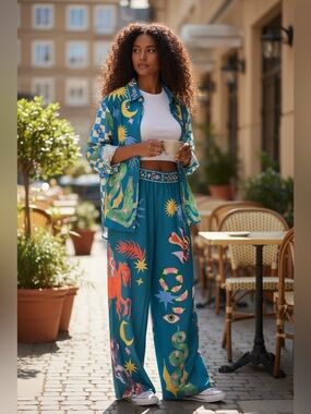 Teal Printed Wide-Leg Graphic Pants Set